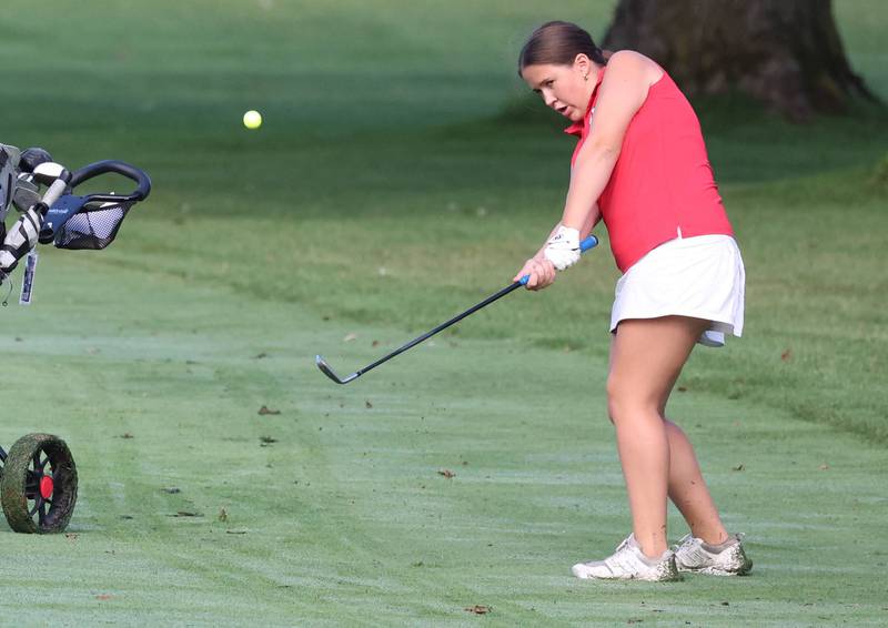 LaSalle-Peru’s Mary Craven hits a shot from the fairway on the second hole Tuesday, Sept. 23, 2025, during the Interstate 8 girls golf meet at the Sycamore Golf Club.