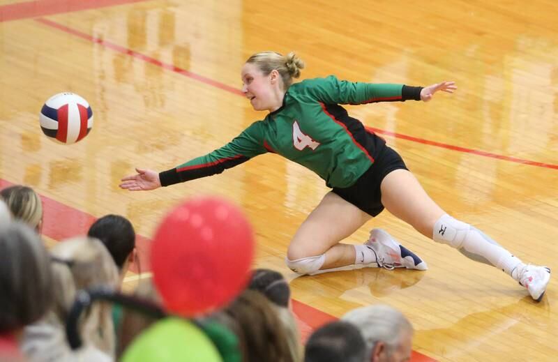 L-P's Kalli Ware dives after the ball in AJ Sellett Gymnasium on Thursday, Oct. 24, 2024 at L-P High School.