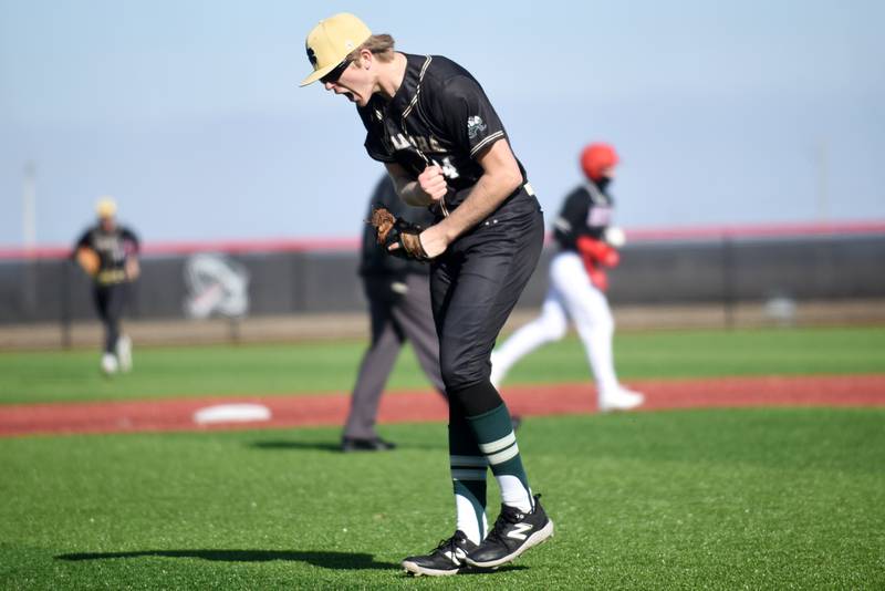 Bishop McNamara's Callaghan O'Connor celebrates after recording the last out of the fifth inning of a game against Bradley-Bourbonnais Saturday, March 28, 2026 at 315 Sports Park in Bradley.