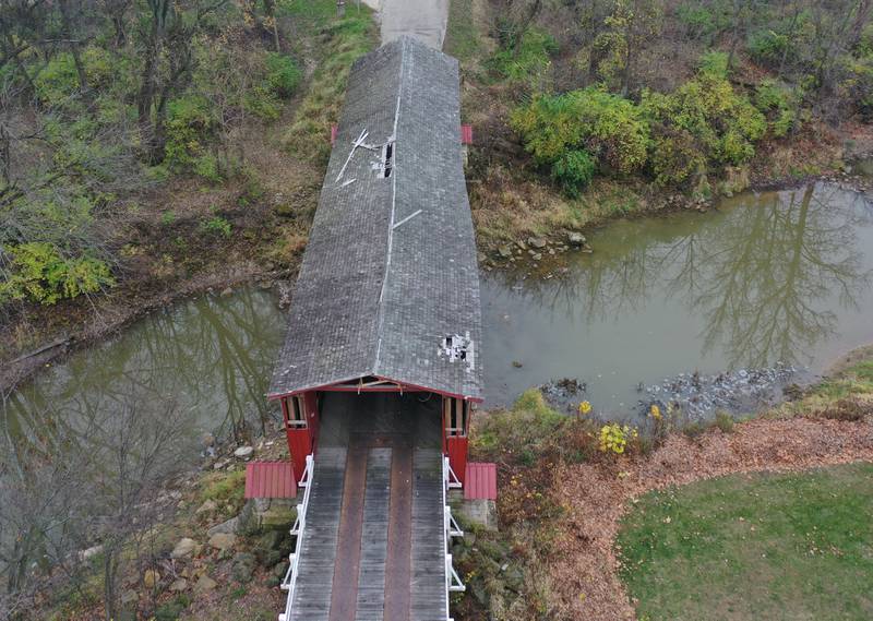An aerial photo of the Red Covered Bridge on Monday, Nov. 18, 2024 in Princeton. On Nov. 16, 2023, a semi truck caused severe structural damage on much of the 149-foot bridge that was built in 1863.