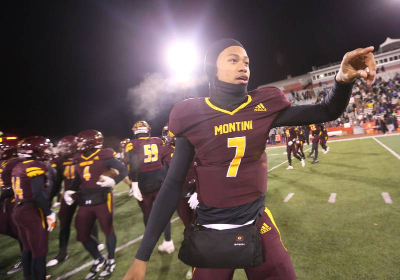 Montini Catholic quarterback Israel Abrams reacts after winning the Class 3A State football championship on Friday, Nov. 29, 2024 at Hancock Stadium in Normal.