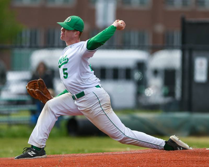 York's Jack Bodach (5) pitches during the game on Monday May 19, 2025, while taking on against Downers Grove North held at York High School in Elmhurst.