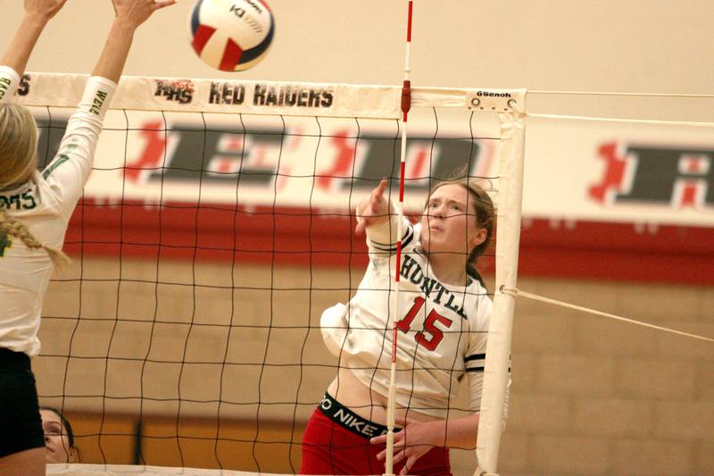 Huntley’s Elizabeth Williams sends the ball over the net against Crystal Lake South in varsity volleyball at Huntley Tuesday.