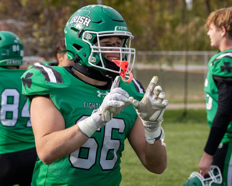 Landen Venecia (66) of Seneca makes a 'W' with fingers after playoff win against Riverdale on Saturday, November 1, 2025 at Seneca High School in Seneca.