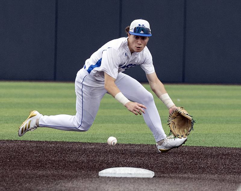 Newman’s Garret Matznick eyes a grounder up the middle against Eureka Saturday, June 7, 2025, during the Class 2A state baseball third place game at Illinois Field in Champaign.