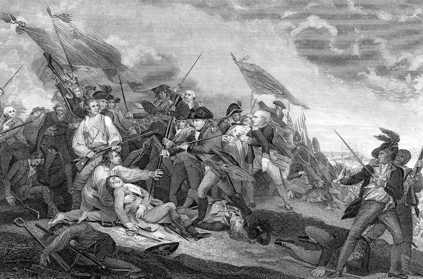 "Don't ... fire until you see the whites of their eyes," tradition says Israel Putnam told his men at stiffly fought Battle of Bunker Hill overlooking Boston shown in 1946 artwork, which colonists finally lost on June 17, 1775.