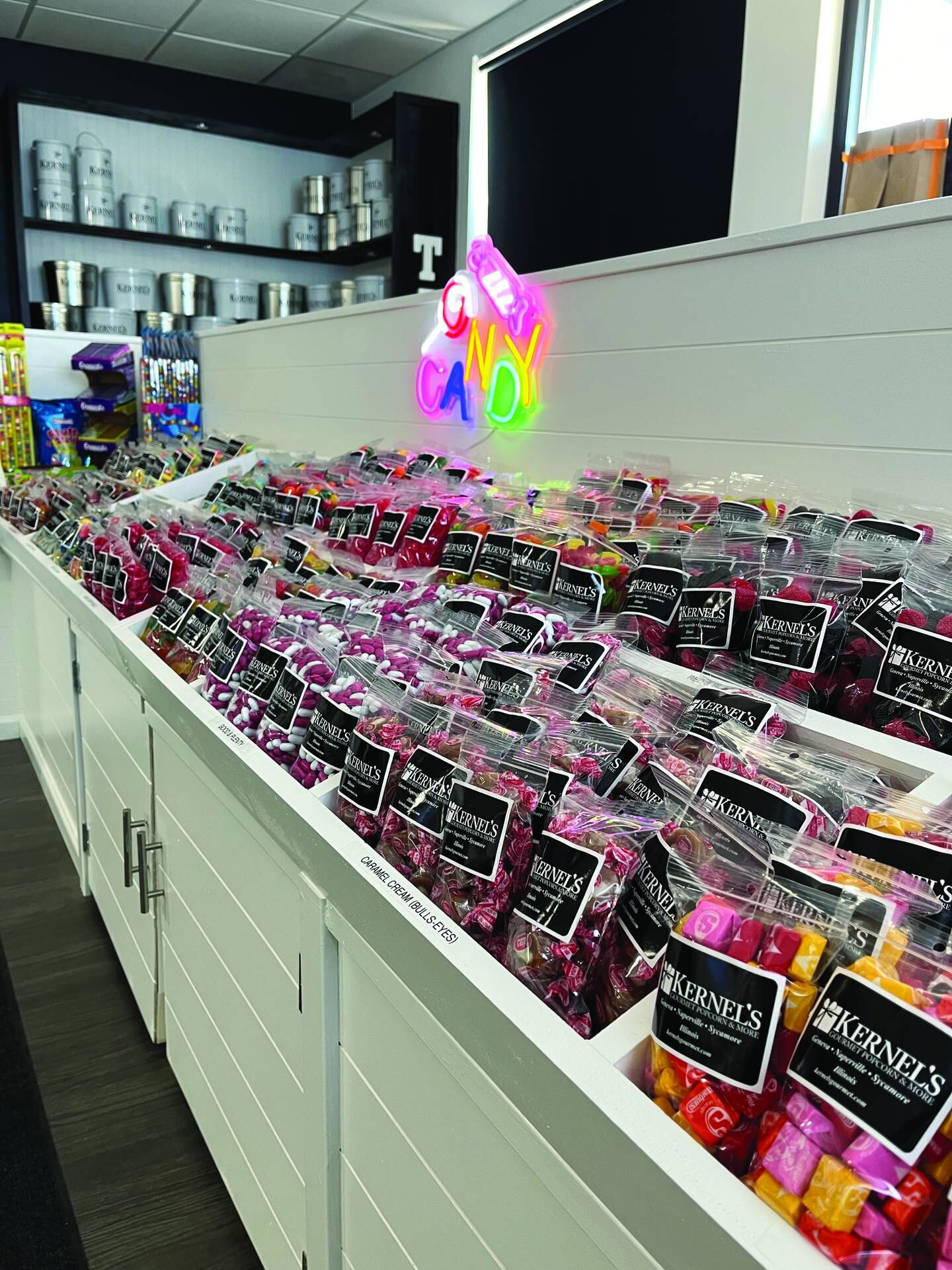 Bags of candy are available for purchase at Kernel's Gourmet Popcorn in Sycamore. Additional locations are in Geneva and Naperville.