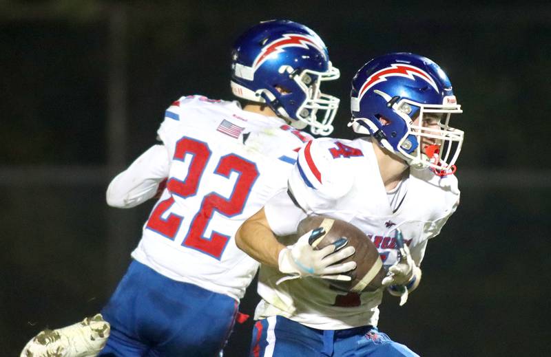 Dundee-Crown’s Ryan Pierce returns a kickoff in varsity football  at Jacobs High School in Algonquin on Friday, Oct. 10, 2025.