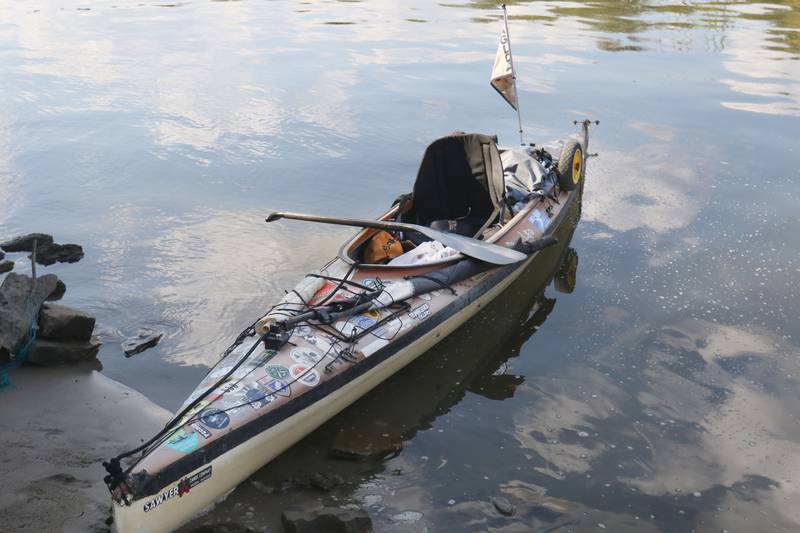 A close up view of Peter Frank's kayakalong the Illinois River at Starved rock State Park on Thursday, Sept. 11, 2025. Frank left Escanaba, Mich., on June 27, 2024. Frank has logged nearly 450 days and over 4,400 miles while navigating the American Great Loop in reverse.