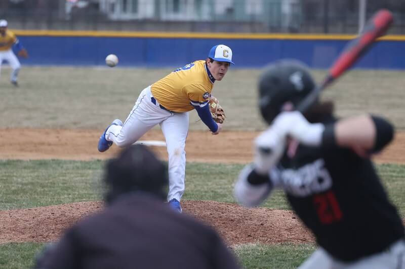 Joliet Central’s Robert Fitzpatrick comes in for relief against Bolingbrook on Tuesday, March 21st. 2023.