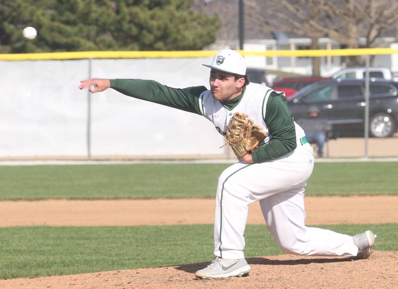 St. Bede pitcher Alan Spencer fires a pitch to home plate against Hall on Monday, March 31, 2025 at Schweickert Stadium in Peru.