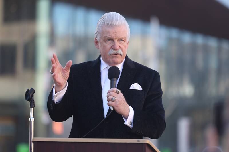 Will County State’s Attorney James Glasgow speaks during a rally for ZONTA Says No To Violence Against Women outside the old court house on Tuesday in Joliet.
