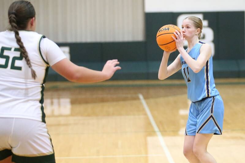 Marquette's Kelly Nelson shoots a wide-open shot as St. Bede's Ava Balestri defends on Monday, Dec. 2, 2024 at St. Bede Academy.