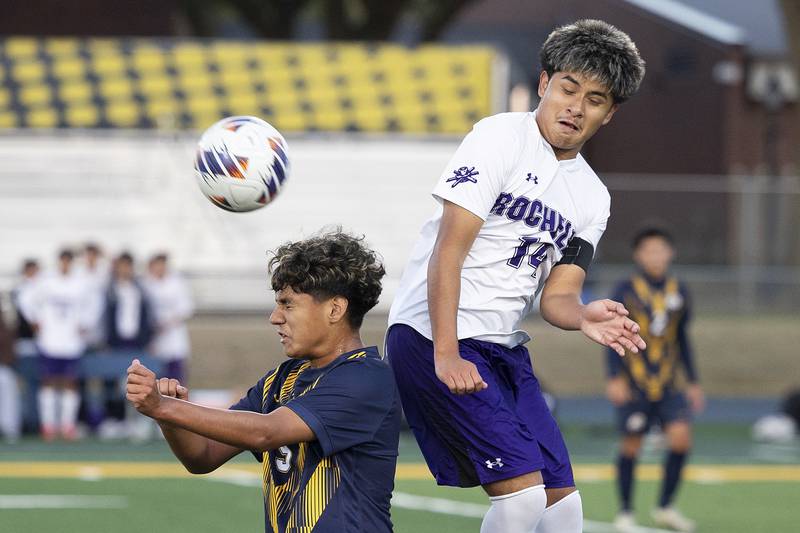 Sterling’s Mauricio Herrera and Rochelle’s Antonio Hueramo work for the ball Thursday, Sept. 4, 2025.