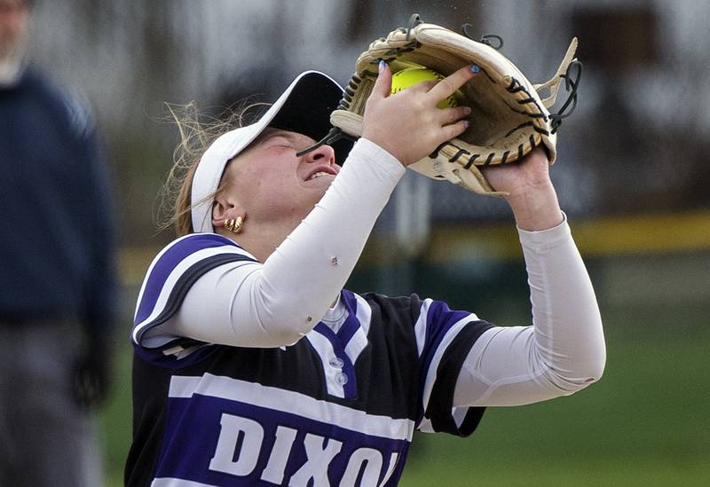 Dixon’s Breanna Tegeler hauls in a fly ball against Genoa-Kingston Monday, April 7, 2025.