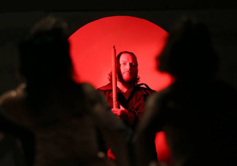 Soldier played by Doug Alleman acts out a scene during a rehearsal on Tuesday, July 3, 2024 at Stage 212 in La Salle. The show runs July 12-14, 19-21 and 26-28 at Stage 212, 700 First St., LaSalle. Friday and Saturday evening performances begin at 7:30 p.m. and Sunday matinees begin at 2 p.m.