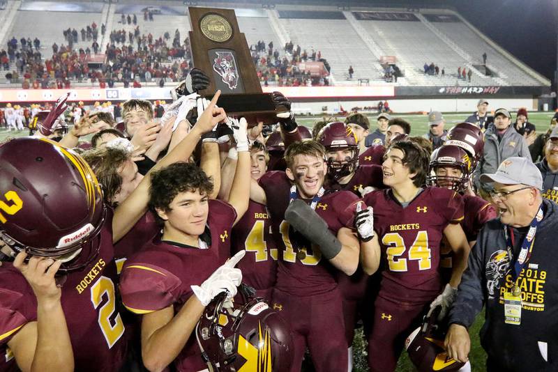 Richmond-Burton Rockets celebrate their 50-7 victory over Murphysboro during their IHSA state football 4A state final on the campus of Northern Illinois University on Friday, Nov. 29, 2019 in DeKalb.  Richmond-Burton won 50-7.