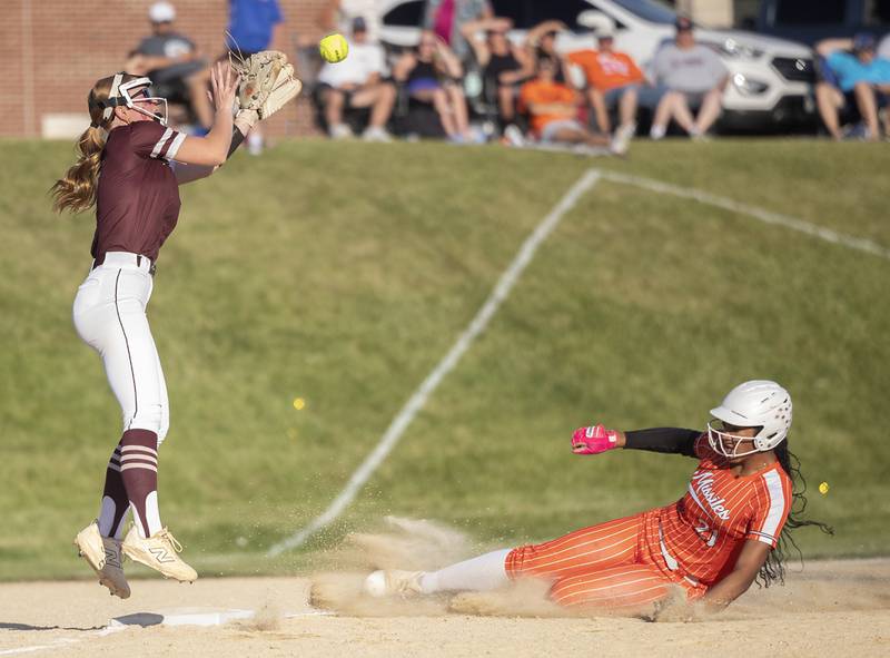 Milledgeville’s Kendra Kingsby slides in safe at third for a triple against Dakota Tuesday, May 26, 2026, at the Eastland Class 1A softball sectional quarterfinal.