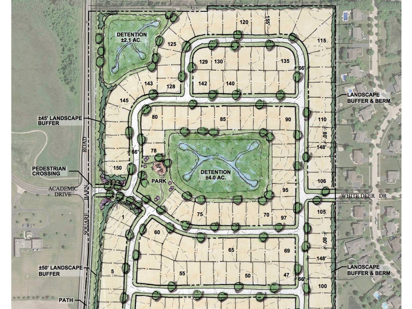A concept plan for Westview Crossing, a planned 150-unit single-family home development that would be built on the east side of Square Barn Road in Algonquin.