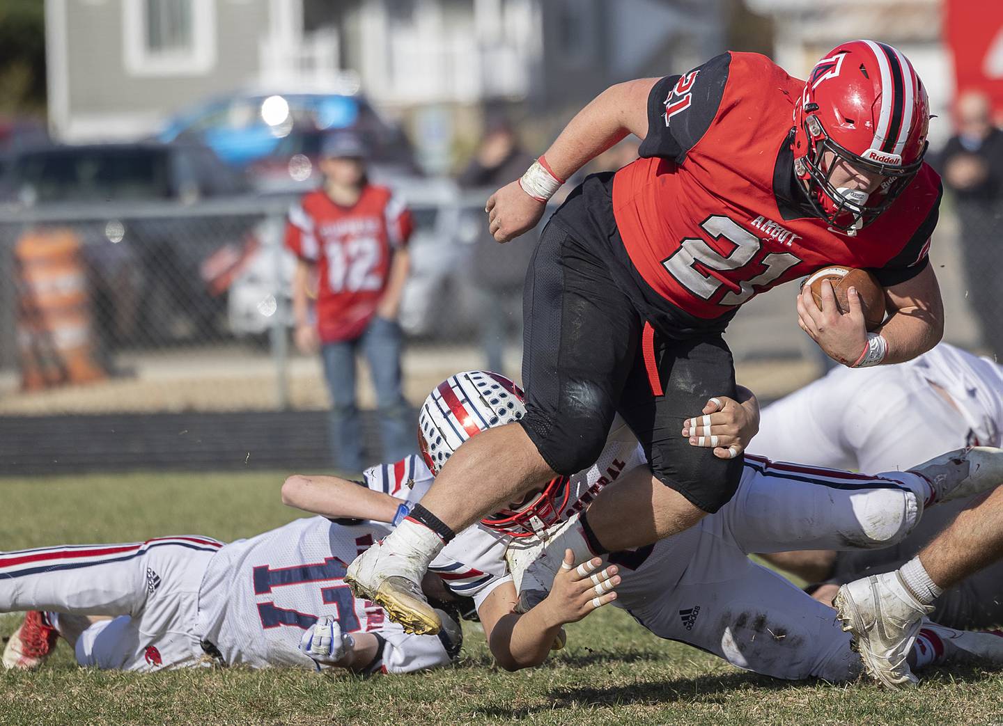 Amboy’s Quinn Leffelman fights for yards against West Central Saturday, Nov. 2, 2024, in the 8-man football league first round playoffs.