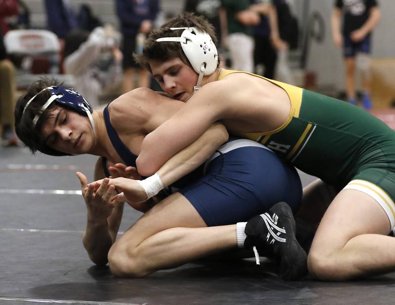 Crystal Lake South’s Nathan Randle controls Cary-Grove’s Ignacio Santander in a 132-pound semifinal match of the IHSA 2A Antioch Wrestling Regional on Saturday, Feb. 8, 2025, at Antioch High School.