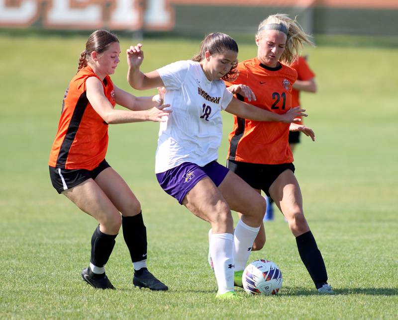 Crystal Lake Central’s Alex Hannell, left, and Molly Horist, right, battle Hononegah’s Emma Londo, center, in IHSA Class 2A Sectional Semifinal girls soccer on Monday, May 25, 2026 at Crystal Lake Central High School in Crystal Lake.