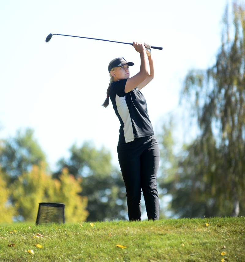 Erie-Prophetstown's Lillian McWilliams watches her drive at the 1A regional at Wolf Hollow Golf Course in Lena on Tuesday, Oct. 1, 2024.