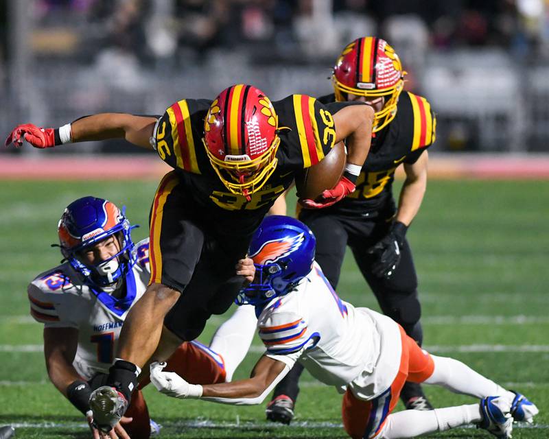 Batavia's Preston Brummel (36) gets tripped up by Hoffman Estates's Mason Walker, left and teammate Brandon Smith during the first round of playoffs on Friday Oct. 31, 2025, held at Batavia High School.