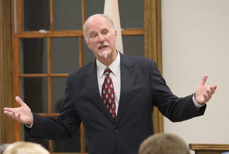 Edward "Ed" Jauch, a former Spring Valley police officer and drug enforcement agent, speaks during a meet and greet on Tuesday, Nov. 18, 2025 at the Prouty Building in Princeton.  Jauch announced his bid in May 2025. He has 34 years of law enforcement experience.
