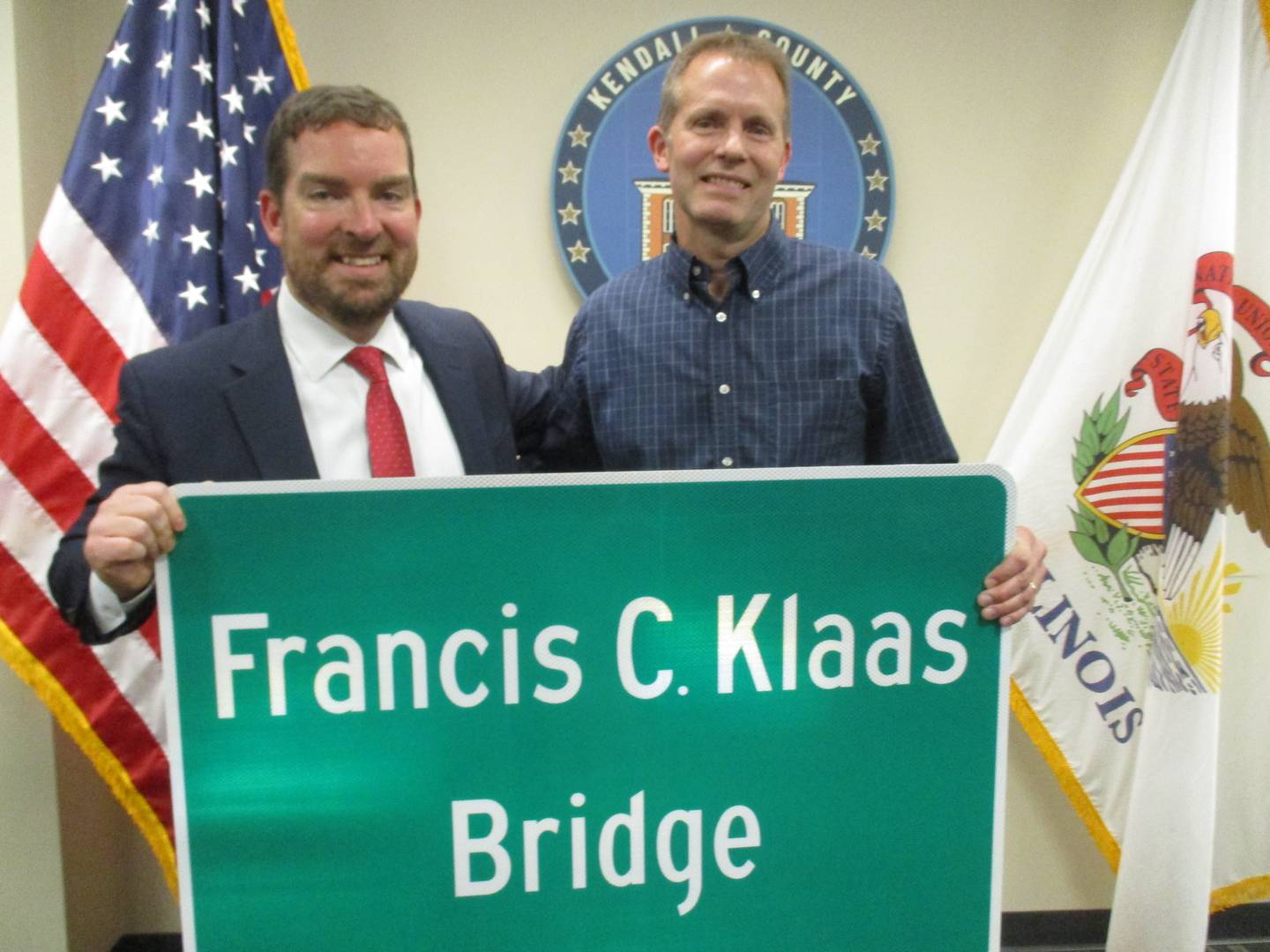Kendall County Highway Engineer Fran Klaas, right, will have his name attached to the Eldamain Road bridge. He is seen here with Kendall County Board Chairman Scott Gryder at the Nov. 29, 2022 county board meeting.