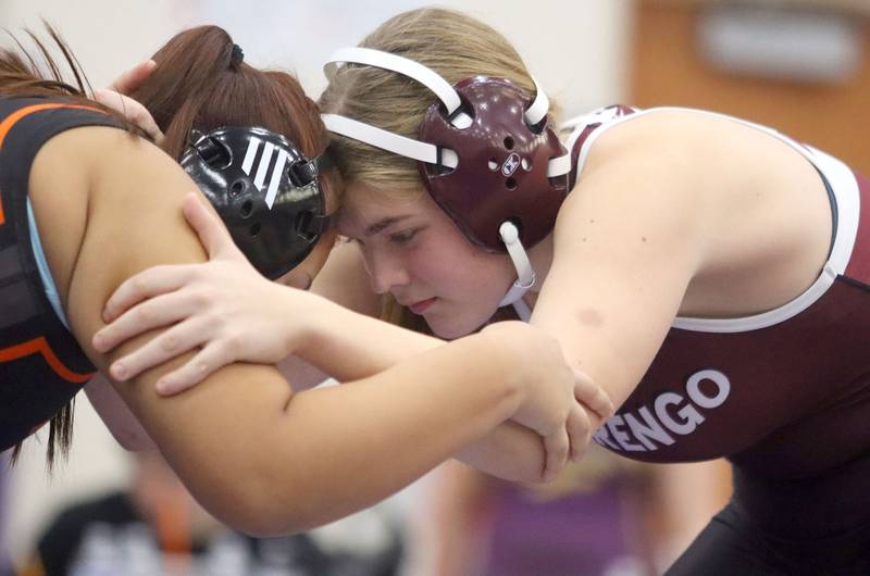 Marengo’s Charlie Bown battles Hersey’s Abigail Tellez Laguna at 170 pounds in Whip-Pur Women’s Classic varsity girls wrestling on Saturday, Dec. 20, 2025, at Hampshire High School in Hampshire.