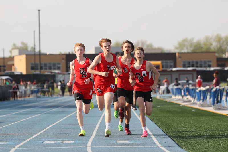 Bradley-Bourbonnais runners hold their pace in boys 3200 meters during the All-City meet at Kankakee High School on Monday, April, 28, 2025. Their teammate Kyler Savini placed first with a time of 10:46 as the Boilermakers claimed the top five spots in the event.