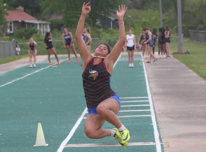 Newark's Malia Maddox competes in the long jump during the Class 1A Sectional track meet on Thursday, May 15, 2025 at Seneca High School.