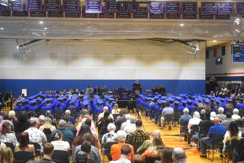 Principal Dr. Matt Cascio addresses seniors during the graduation commencement ceremony Saturday, May 20, 2023, at Genoa-Kingston High School.