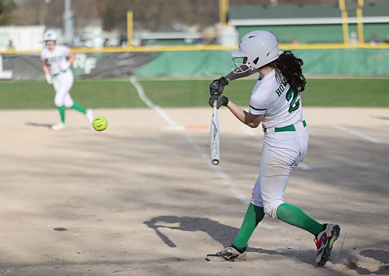 Rock Falls’ Brooke Howard drives the ball against Dixon Tuesday, April 11, 2023.