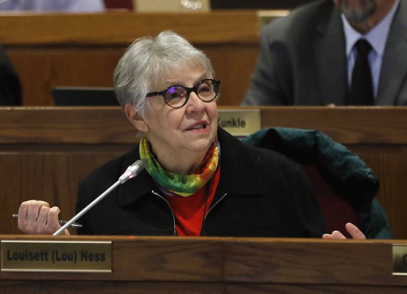 McHenry County Board member Lou Ness debates a resolution opposing the Illinois gun ban and supporting its repeal during the McHenry County Board meeting Tuesday, Feb. 21, 2023, in the McHenry County Administration Building.