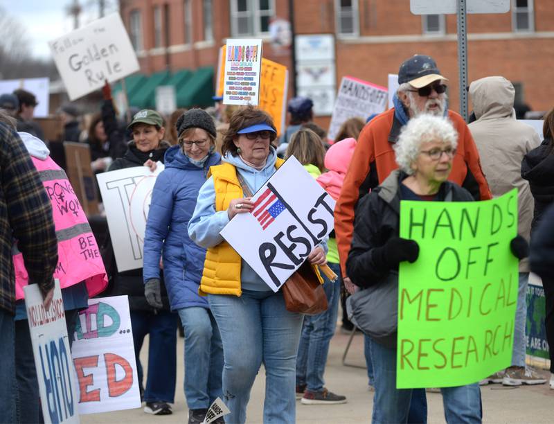 Around 400 people took part in the Hands Off rally around the historic Ogle County Courthouse in Oregon on Saturday, April 5, 2025. Similar peaceful rallies were held across the United States for people wanting to speak out about recent actions and decisions by President Donald Trump. The event in Ogle County was organized by Indivisible of Ogle County.