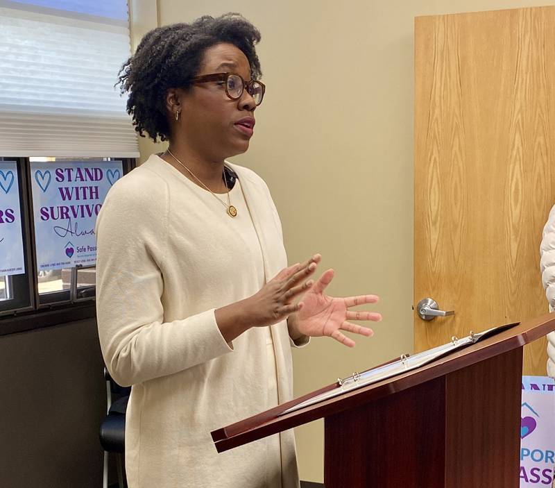U.S. Rep. Lauren Underwood, D-Naperville, speaks on Friday, Dec. 5, 2025, at a groundbreaking ceremony for Safe Passage Inc.'s new shelter. Construction at 217 Franklin St., is expected to begin in the spring. Underwood's office helped secure $2.5 million in funding for the build.