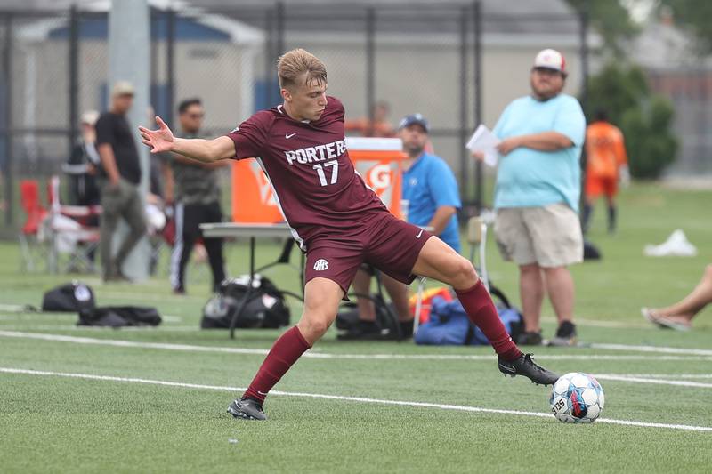 Lockport’s Dan Szkodon works the ball along the sideline against Solorio in the Windy City Classic at Revis High School in Burbank on Saturday, Aug. 26, 2023.