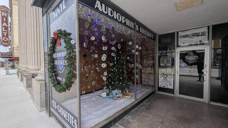 Audiophil’s Records, the third place winner in the Joliet City Center Partnership's Holiday Window Decorating Contest, is seen Thursday, Dec. 19, 2024, at 76 N. Chicago St. in Joliet.