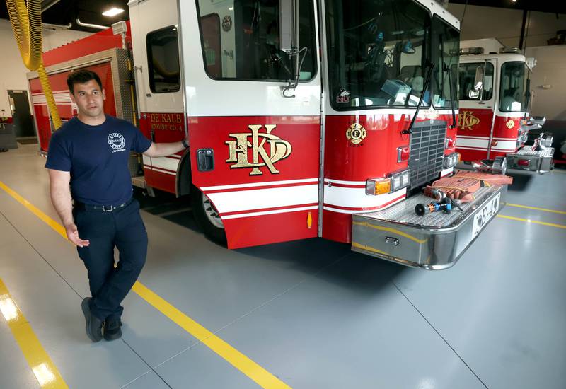 DeKalb lieutenant, paramedic Kevin Palazzola, talks about the apparatus bay Tuesday, April 29, 2025, at the newly opened DeKalb Fire Station No. 4 on South Malta Road near the Schnucks shopping center.