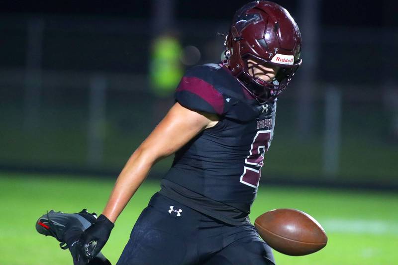 Marengo’s Jacob Leidig punts the ball against Johnsburg in varsity football at Rod Poppe Field on the campus of Marengo High School in Marengo on Friday, Oct. 3, 2025.