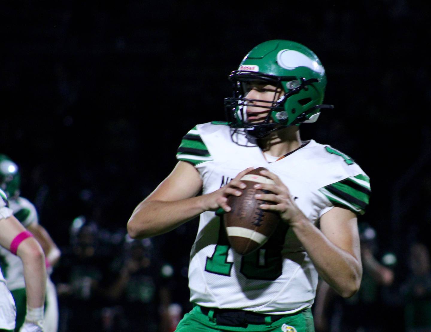 North Boone quarterback Chandler Alderman looks to pass on Friday, Oct. 8, 2021 against Rock Falls. Alderman had three touchdown passes and 203 passing yards.