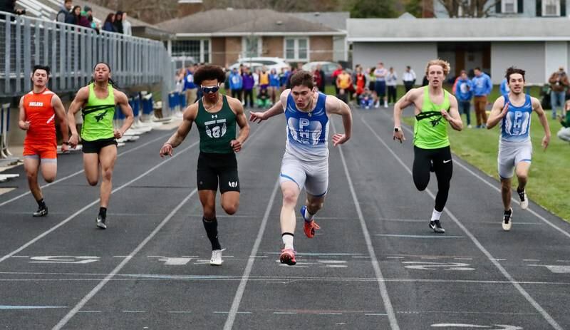 PHS senior Keegan Fogarty edges St. Bede's Tyreke Fortney to win the 100 meters in Princeton's Ferris Family Invite Tuesday. Fortney came back to nose Fogarty in the 200 meters.