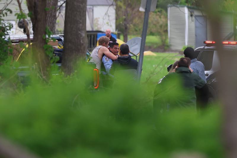Production films a scene where a civilian wrestles with a police officer on Monday, April 27, 2026 in Joliet. HBO began filming the pilot for “American Blue” that follows a police chief retuning to Joliet to take over the police department.