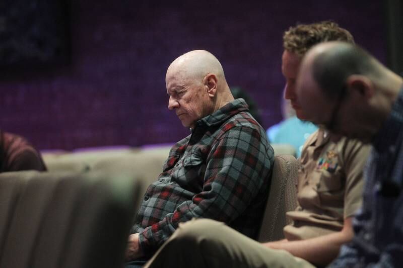 U.S. Army veteran Gene Potoczek, of Fox Lake, joins with others in prayer Thursday, May 4, 2023, during the Grant Township National Day of Prayer Gathering at CrossPoint Church in Ingleside.