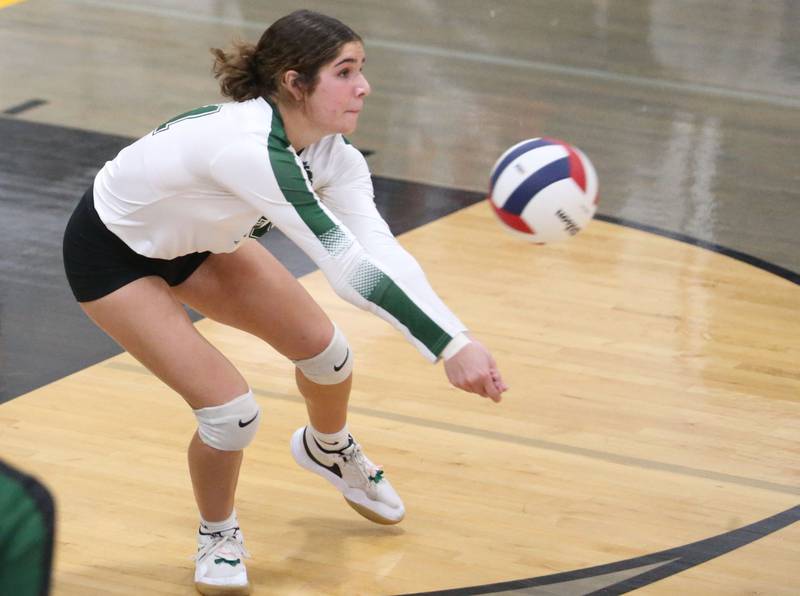 St. Bede libero Lily Bosnich returns a serve against Orion during the Class 1A Regional semifinals on Wednesday, Oct. 29, 2025 at Putnam County High School.