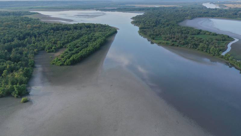 An aerial view of the narrow opening between Goose Lake and Lake Senachwine on Saturday, Sept. 13, 2025 near Putnam. The Illinois River is nearing it's all-time record low.