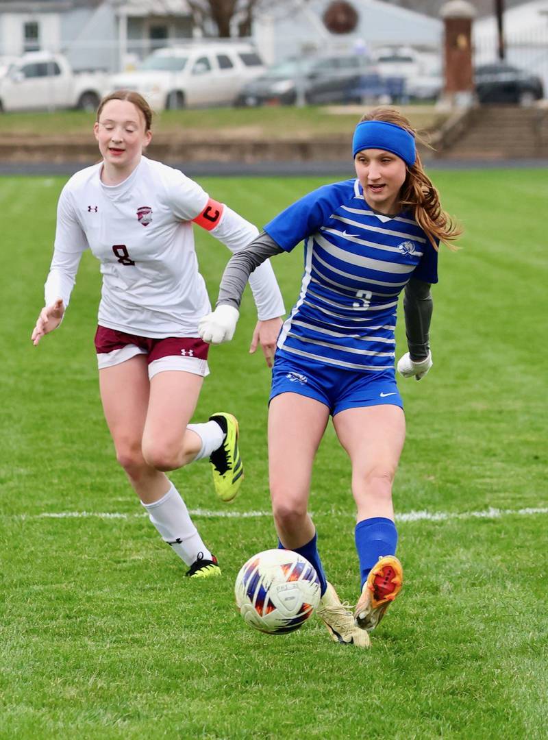 Princeton's Chloe Ostrokowski pushes the ball up the pitch during Tuesday's soccer match at Bryant Field against IVC. The Tigresses won 9-0.