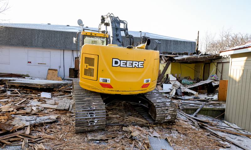 The historic 1890s Tin Shop building is being demolished, to make way for a downtown plaza with a public restroom facility and seating, on Wednesday, Jan 21, 2026 in Batavia.